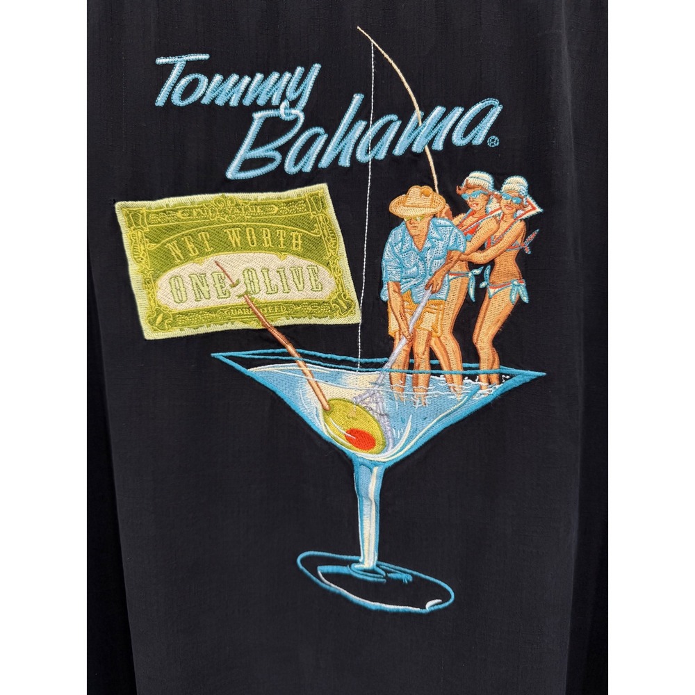 Tommy Bahama Shirt Mens XXL Black Net Worth One Olive Martini Graphic Silk Blend
